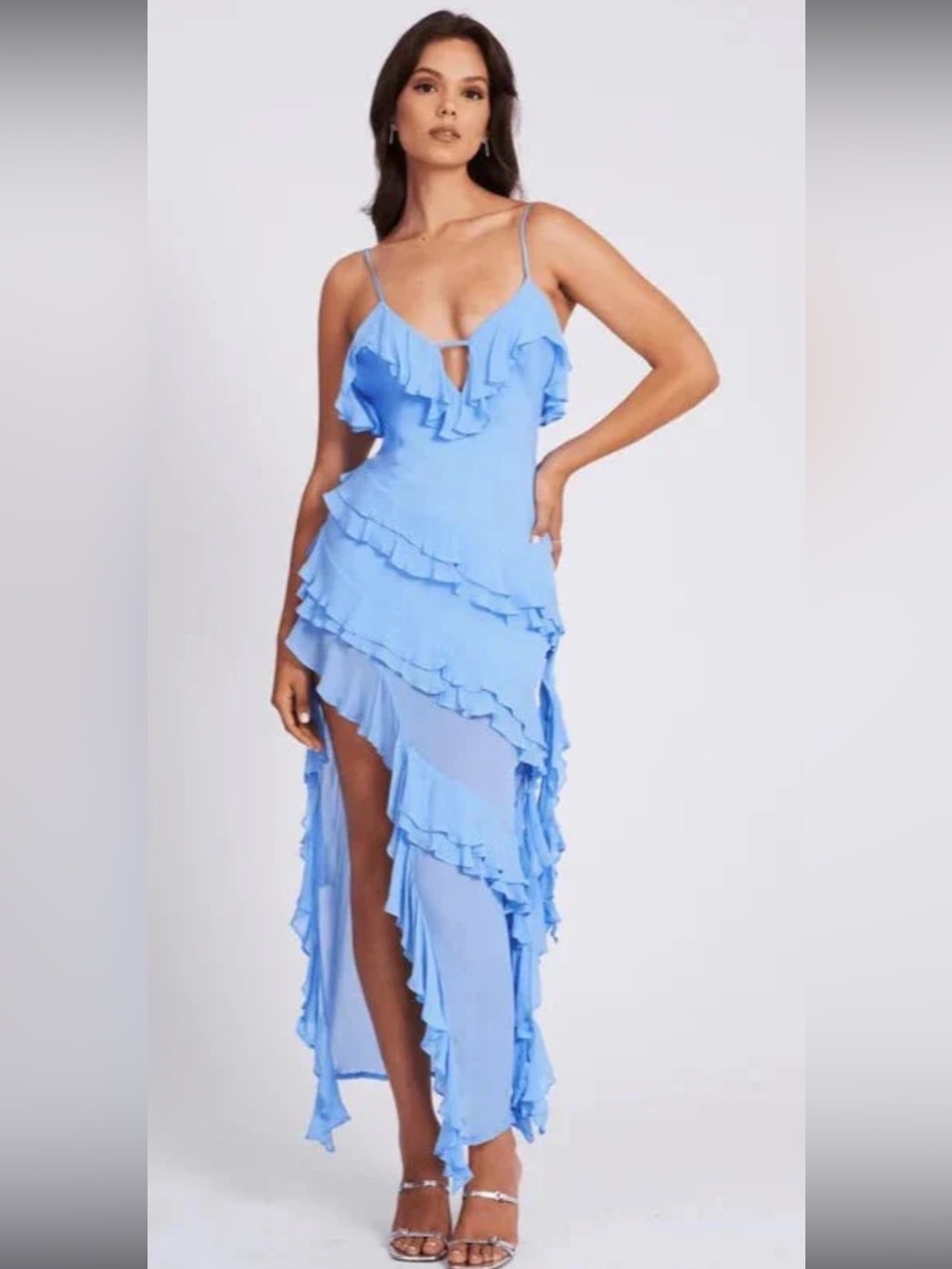 NEW Miss Circle $220 Light Blue Ruffled Asymmetric Slip Dress size Medium